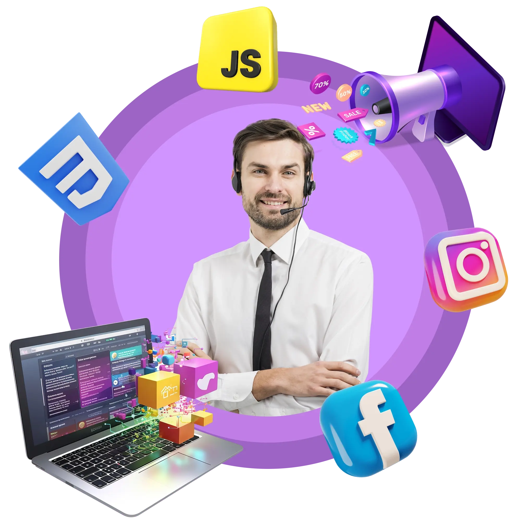 Illustration of a support agent wearing a headset, surrounded by web, social media and
              advertising icons