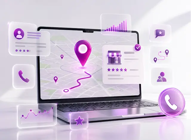 Laptop with SEO icons floating above the keyboard, illustrating a managed Google Business
                Profile