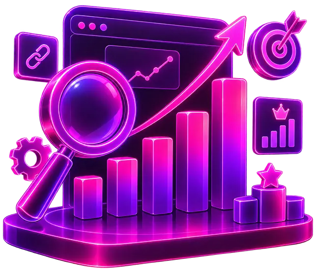 Neon 3D illustration of a magnifying glass over a rising bar chart, a target and a search
                    ranking panel
